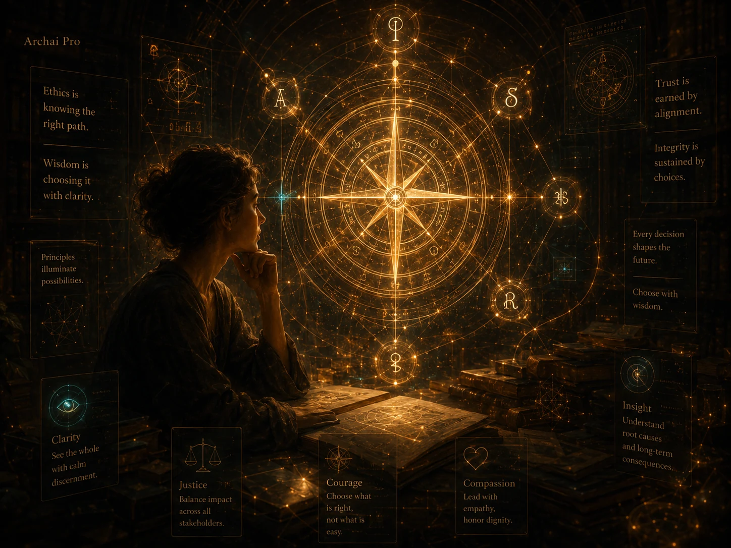 Pessoa observando uma bússola luminosa composta por princípios, relações e símbolos